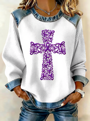 Women's Purple Ribbon Cross Print Casual Sweatshirt