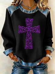 Women's Purple Ribbon Cross Print Casual Sweatshirt