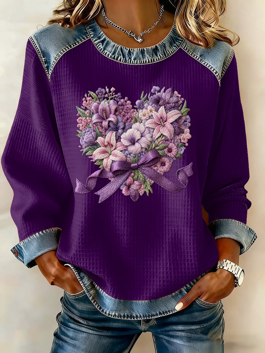 Women's Casual Retro Purple Floral Waffle Top