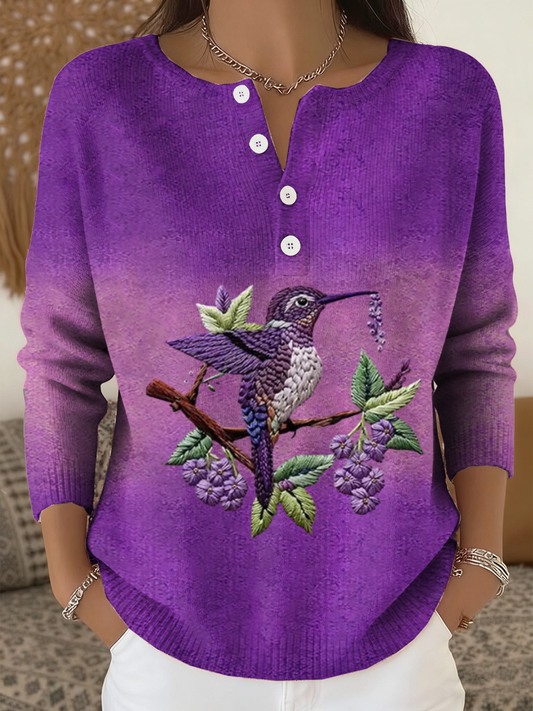 Women‘s Purple Gradient Hummingbird Floral Print long-sleeve cardigan