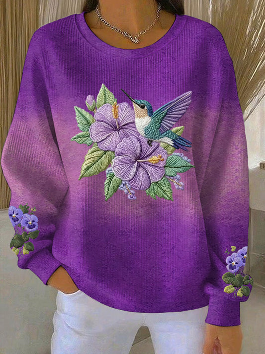 Women's Purple gradient hummingbird floral print Ribbed Round-Neck Sweatshirt