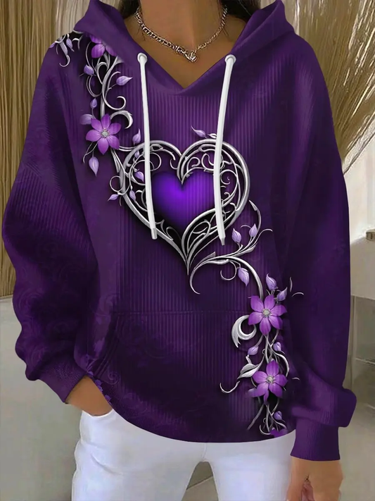 Women's Vintage Purple Floral Art Print Casual Hoodie