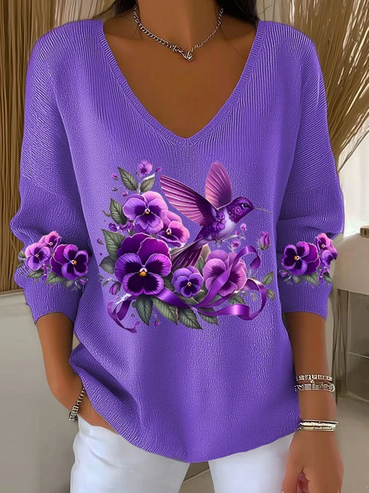 Women's Casual Alzheimer's Awareness Purple Hummingbird Print V-Neck Ribbed Top