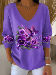 Women's Casual Alzheimer's Awareness Purple Hummingbird Print V-Neck Ribbed Top