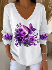Women's Casual Alzheimer's Awareness Purple Hummingbird Print V-Neck Ribbed Top