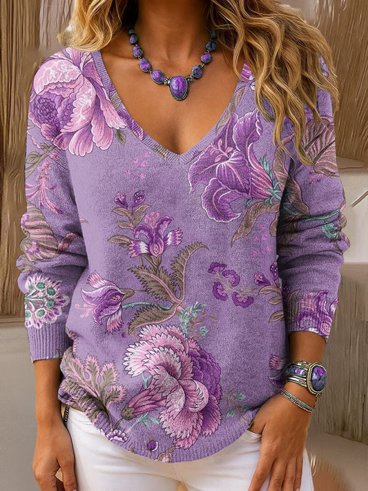 Women's Purple Floral Casual V-Neck Ribbed Top