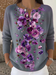 Women‘s Purple Floral Print Buttoned Cardigan Sweater