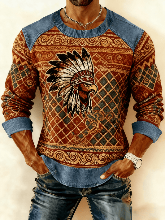 Men's Vintage Western Denim Patchwork Printed Sweatshirt