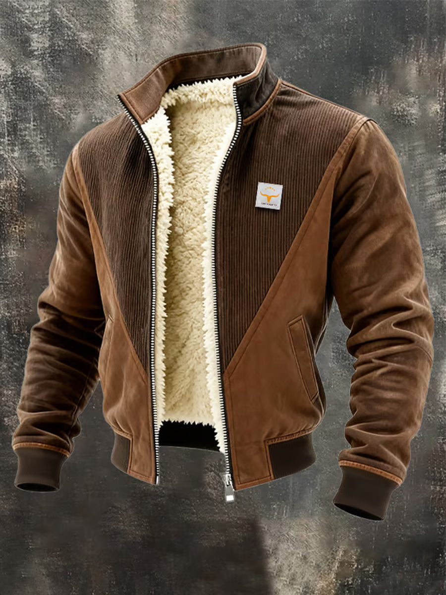 Men's Retro Patchwork Warm Zipper Outdoor Jacket
