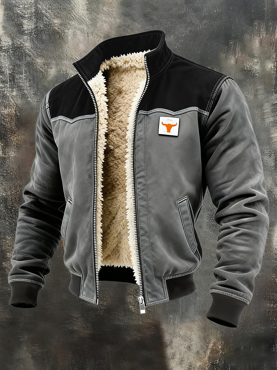 Men's Retro Patchwork Warm Zipper Outdoor Jacket