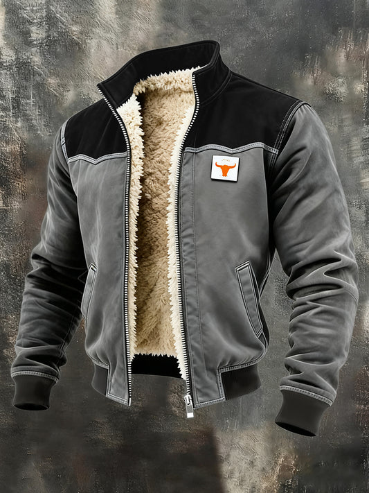 Men's Retro Patchwork Warm Zipper Outdoor Jacket