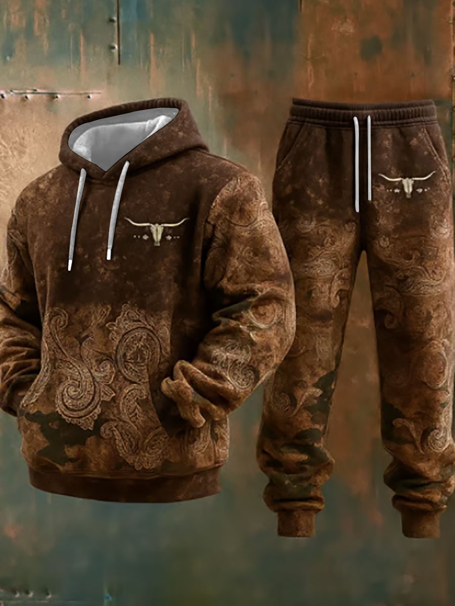 Men's Western Style Bull Art Print Casual Hooded Trousers Two-Piece Set