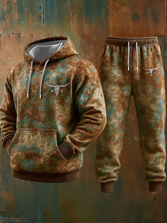 Men's Western Style Bull Art Print Casual Hooded Trousers Two-Piece Set
