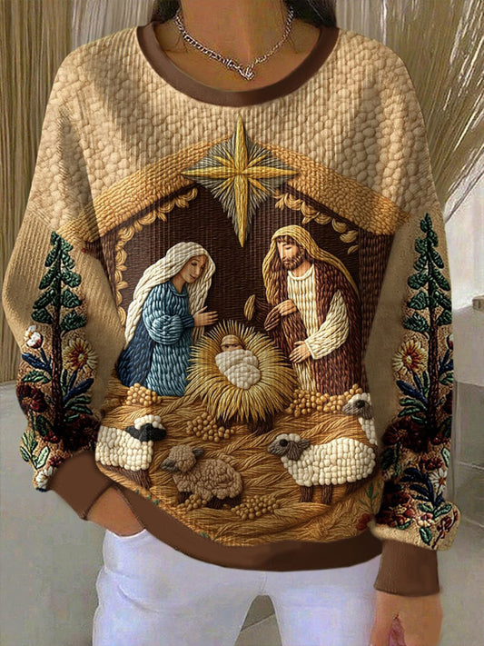 Women's The Birth Of Jesus Ribbed Round-Neck Sweatshirt