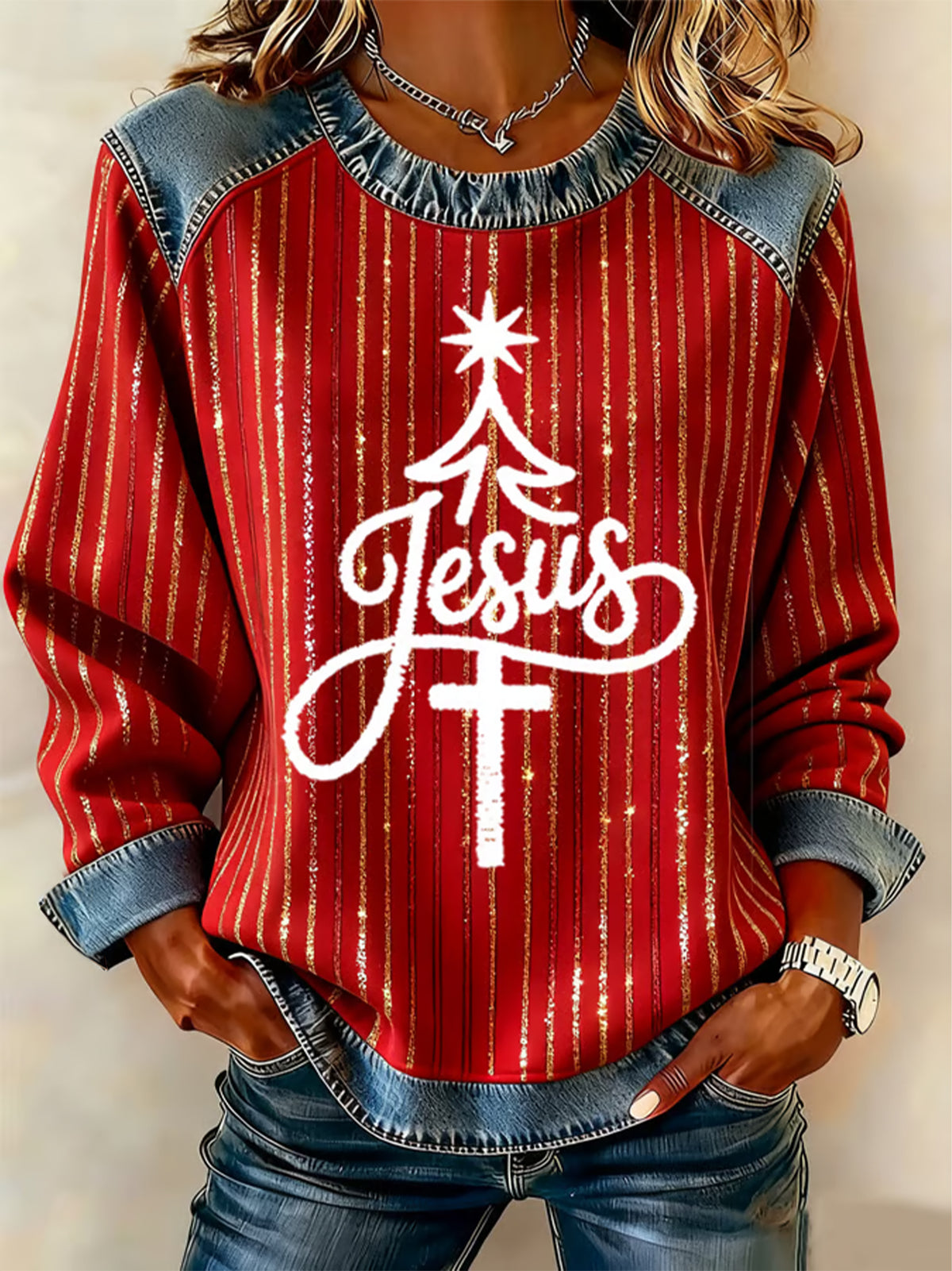 Women's Christmas Belief Pattern Patchwork Art Sweatshirt