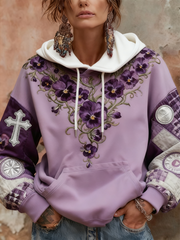 Women's Purple Floral Cross Print Casual Hoodie