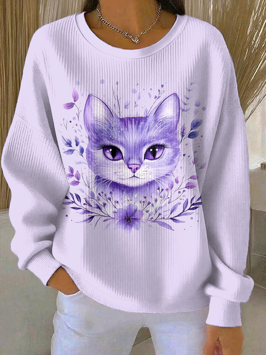 Women's Purple Cat Floral Print Casual Sweatshirt