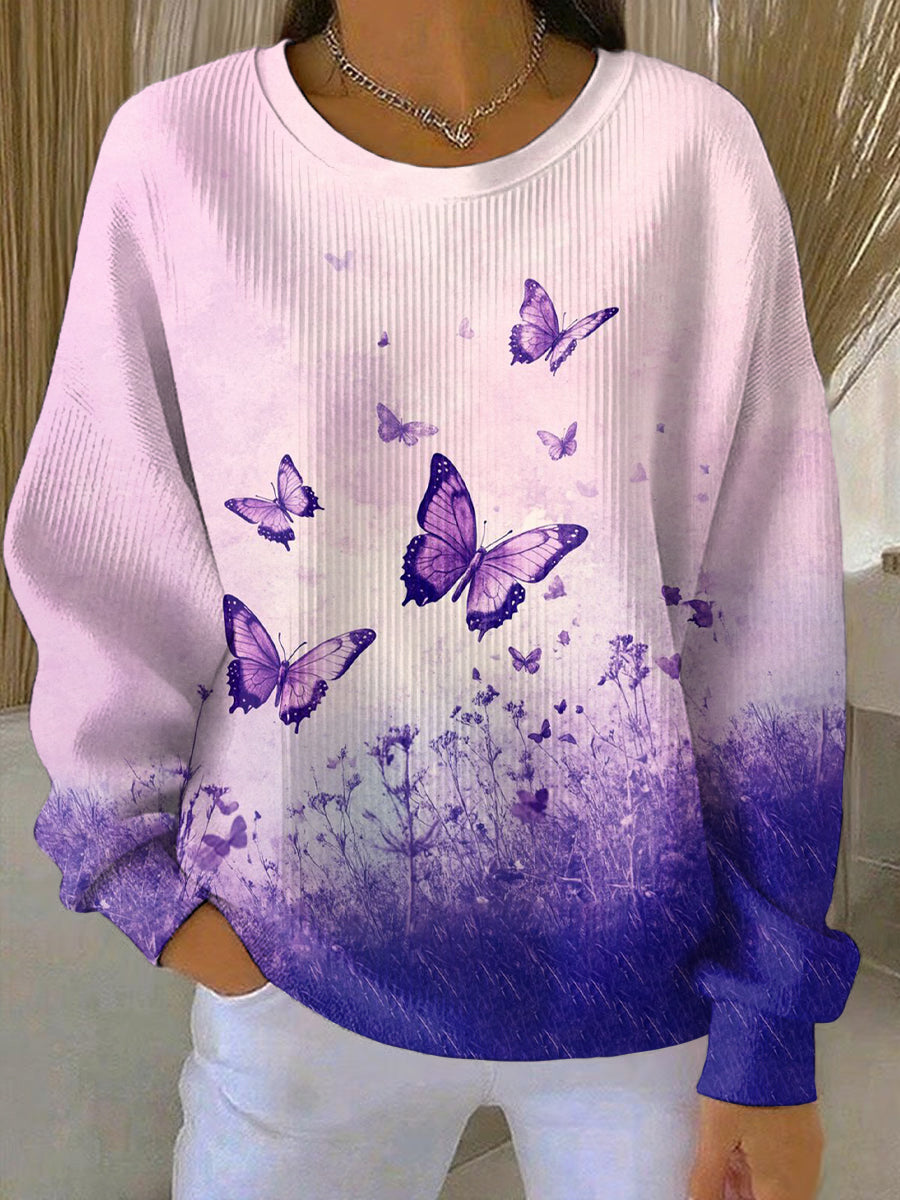 Women's Purple Butterfly Floral Print Casual Sweatshirt