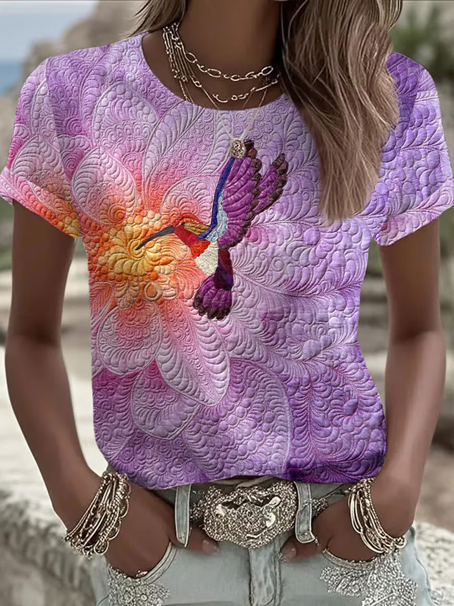Women's Purple Hummingbird Floral Printed Round Neck T-Shirt