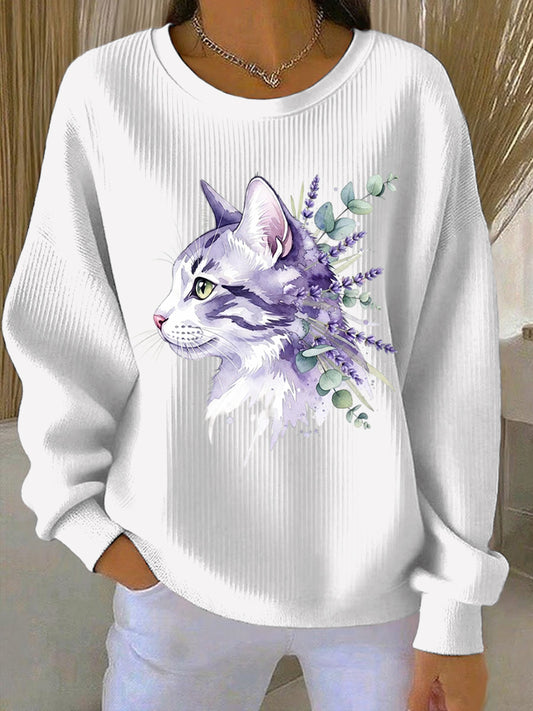 Women's Purple Cat Floral Print Casual Sweatshirt
