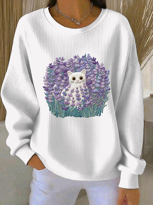 Women's Purple Cat Floral Print Casual Sweatshirt