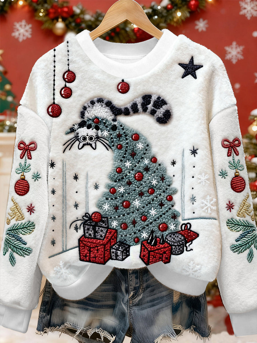 Women's Cute Christmas Cat Art Print Casual Flannel Sweatshirt