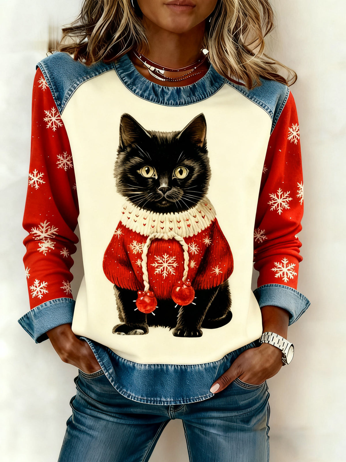 Women's Vintage Christmas Cat Denim Patchwork Sweatshirt