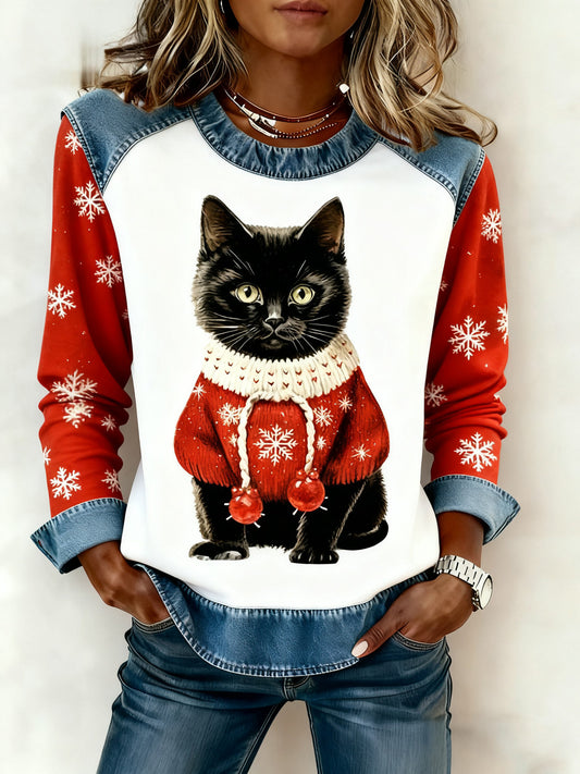 Women's Vintage Christmas Cat Denim Patchwork Sweatshirt