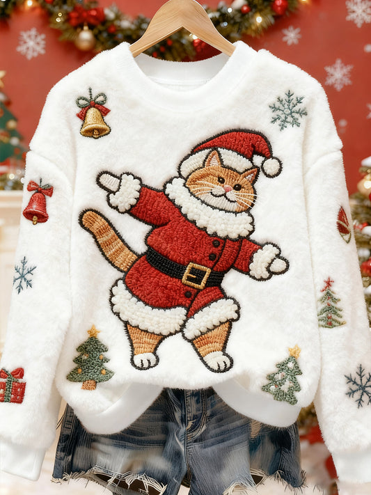 Women's Funny Christmas Cat Art Print Casual Flannel Sweatshirt