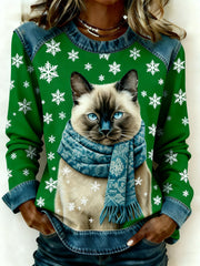 Women's Vintage Christmas Cat Denim Patchwork Sweatshirt