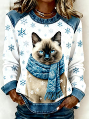Women's Vintage Christmas Cat Denim Patchwork Sweatshirt