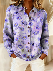Women's Purple Art Knit Lapel Button Knit Cardigan