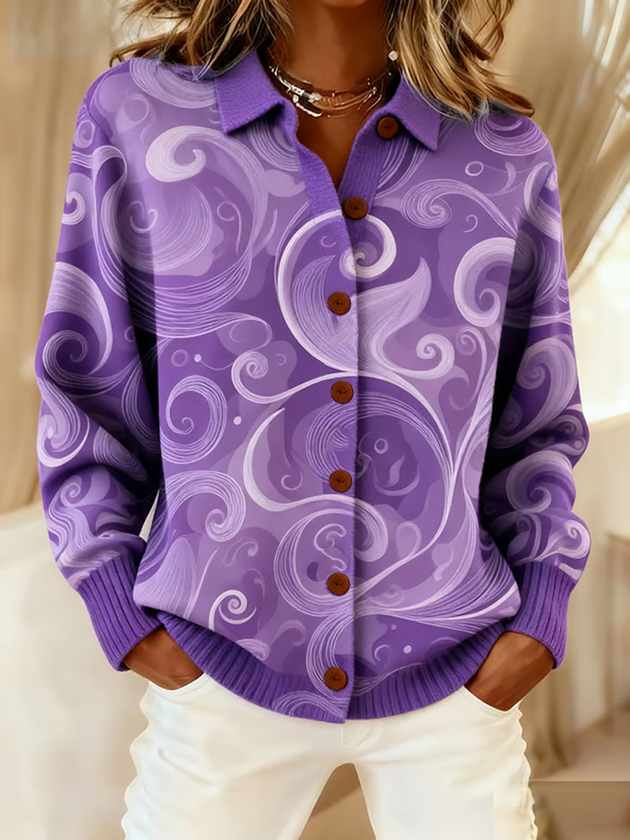 Women's Purple Art Knit Lapel Button Knit Cardigan