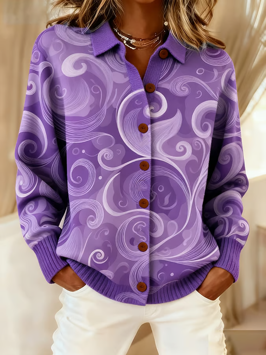 Women's Purple Art Knit Lapel Button Knit Cardigan