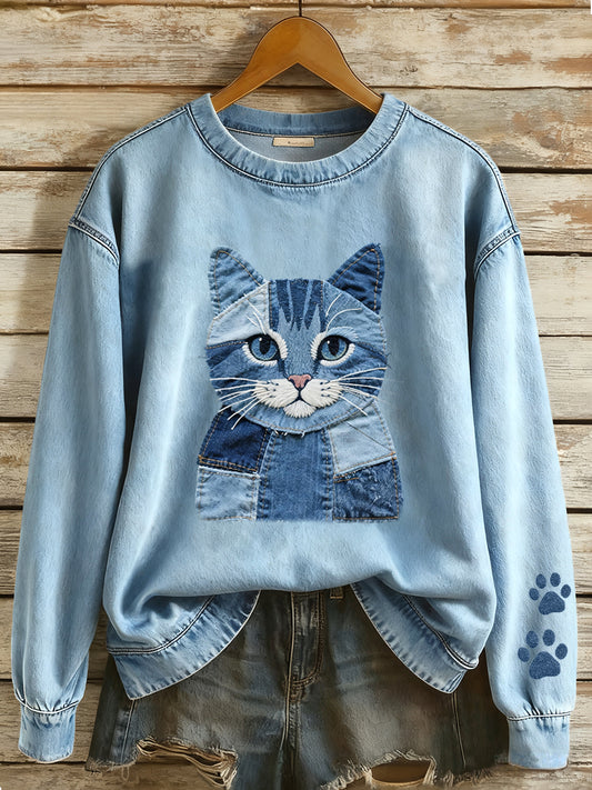 Women's Denim Patchwork Art Cat Pattern Sweatshirt
