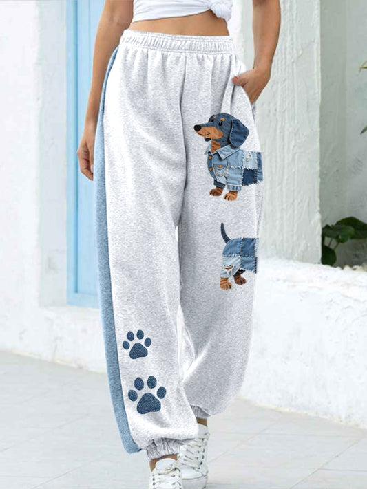 Women's Denim Patchwork Art Dachshund Pattern Pants