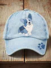 Unisex Denim Patchwork Art Corgi Dog Pattern Washed Hat