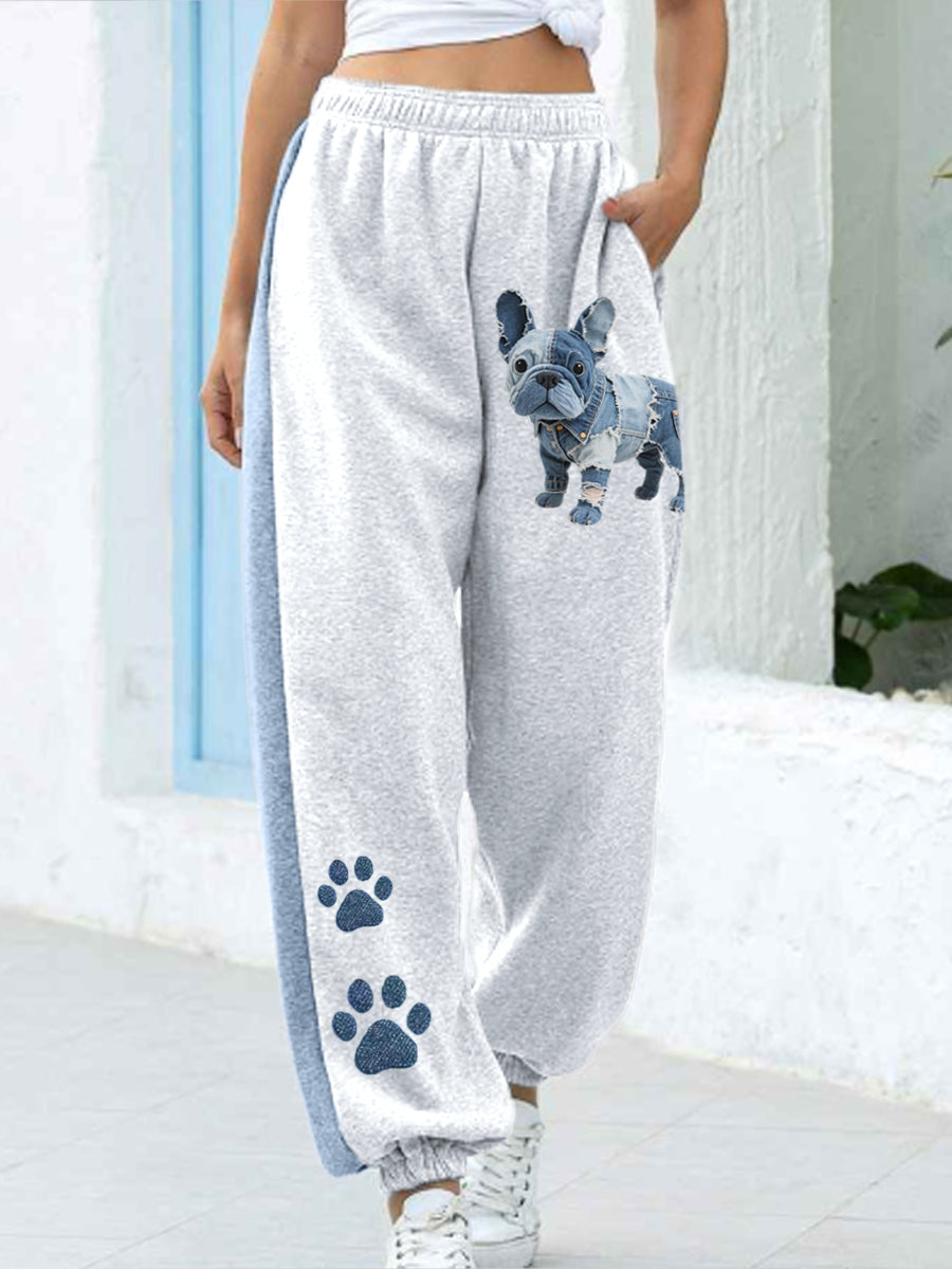 Women's Denim Patchwork Art French Bulldog Pattern Pants