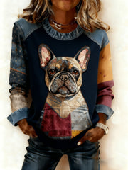 Women's Art Dog Denim Patchwork Sweatshirt