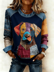 Women's Art Dog Denim Patchwork Sweatshirt