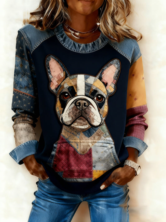 Women's Art Dog Denim Patchwork Sweatshirt