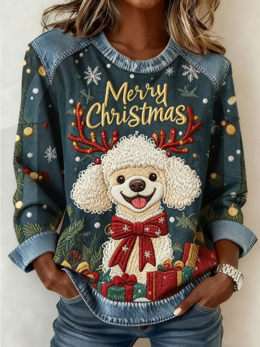 Women's Christmas Cute Dog Denim Patchwork Top