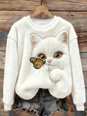 Women's Cute Cat With Butterfly Flannel Hoodie