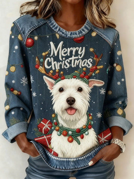 Women's Christmas Cute Dog Denim Patchwork Top