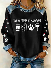 Women's Cute Dog Paws Printed Denim Patchwork Top
