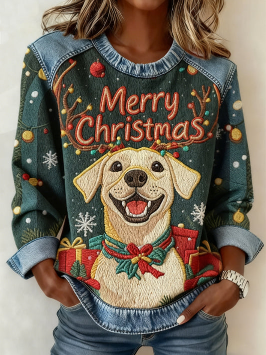 Women's Christmas Cute Dog Denim Patchwork Top