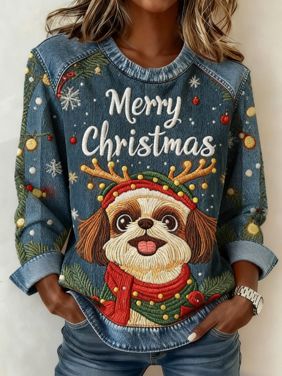 Women's Christmas Cute Dog Denim Patchwork Top