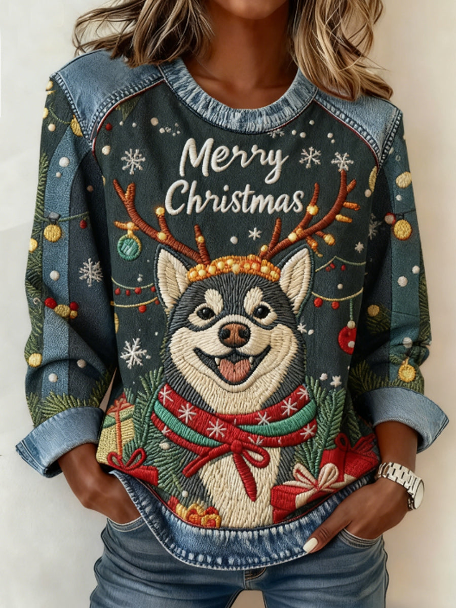 Women's Christmas Cute Dog Denim Patchwork Top