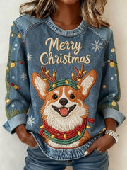Women's Christmas Cute Dog Denim Patchwork Top
