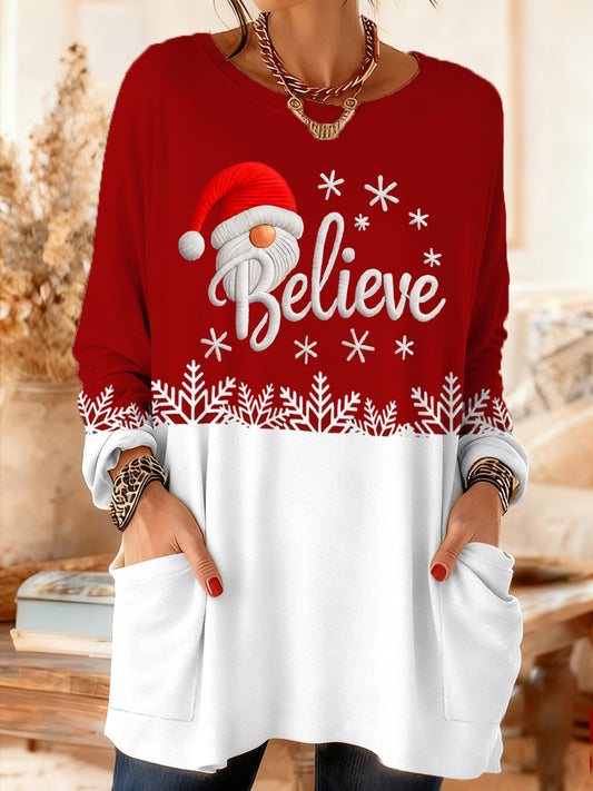 Women's Christmas Believe Snowflake Print Casual Mid-Length Long-Sleeved t Top